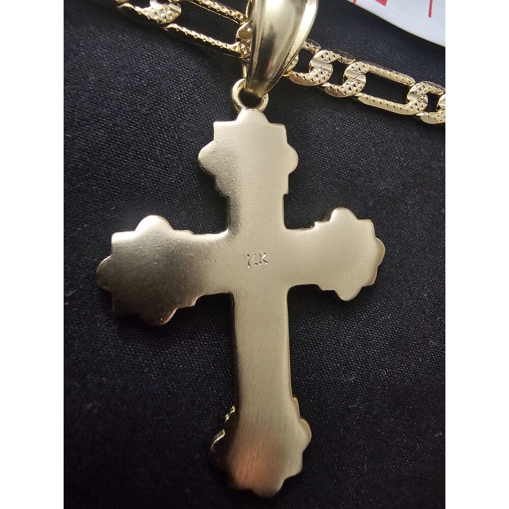 24in Gold-Plated brass-5.7mm frosted Figaro Chain w/Cross Pendant Charm - Picture 7 of 7